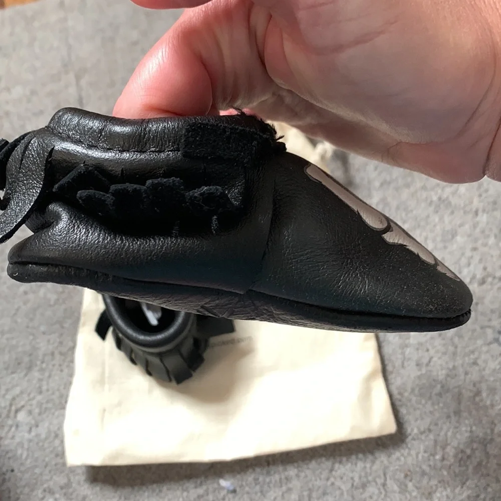 Freshly Picked Black Moccasins with White Skeleton Print